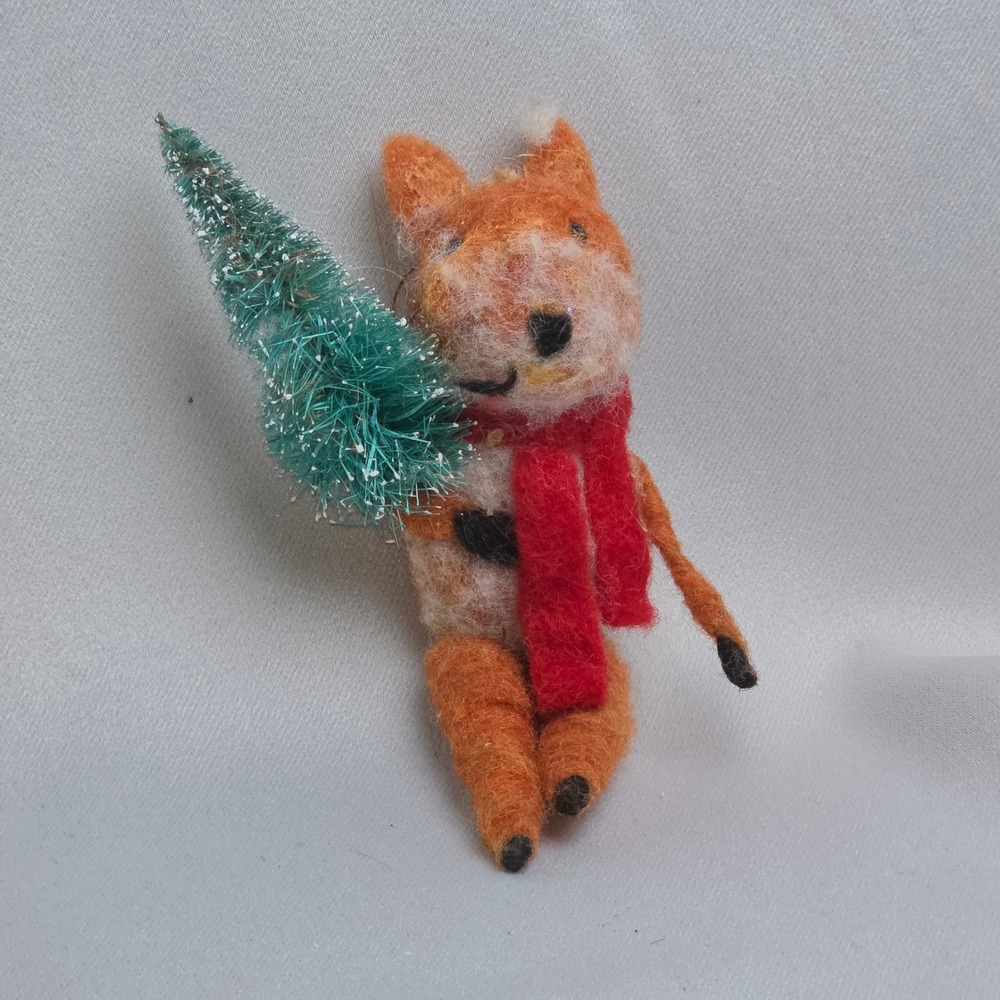 Needle Felted Fox Christmas Ornament with Red Scarf and Bottle Brush Tree